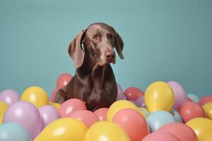 ai généré braque de Weimar chien avec des ballons photo