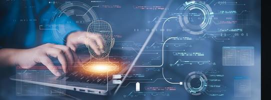 programmeur gens travail ordinateurs portables ou les smartphones avec ai, artificiel intelligence Logiciel ingénieur codage sur portable des ordinateurs avec La technologie Icônes et binaire code, gros données, ai bot numérique machine photo