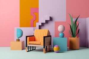 ai généré coloré contemporain pièce avec moderne meubles photo
