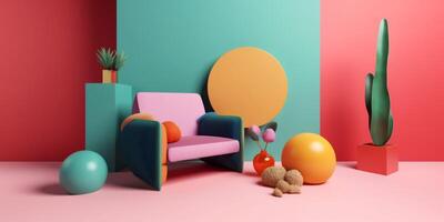 ai généré coloré contemporain pièce avec moderne meubles photo