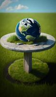 illustration de planète Terre sur le table et herbe, globe sur le table herbe, générative ai photo