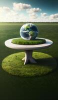 illustration de planète Terre sur le table et herbe, globe sur le table herbe, générative ai photo