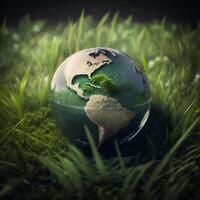 illustration de planète Terre sur le table et herbe, globe sur le table herbe, générative ai photo