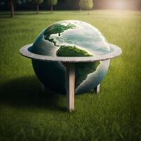 illustration de planète Terre sur le table et herbe, globe sur le table herbe, générative ai photo