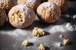 sucré biscuits dans le forme de une Balle saupoudré avec en poudre sucre sur une en bois Contexte. génératif ai photo