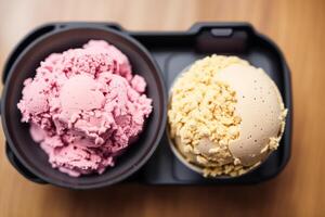 délicieux la glace crème dans une tasse, fermer, sur le tableau. sucré aliments. génératif ai photo