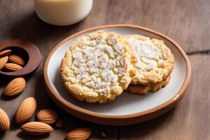 fait maison flocons d'avoine biscuits avec amandes sur une en bois Contexte. génératif ai photo