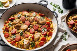 Paëlla, traditionnel Espagnol plat fabriqué avec riz, poulet et légumes, servi dans une poêle. Paëlla avec Fruit de mer. Espagnol cuisine. génératif ai photo