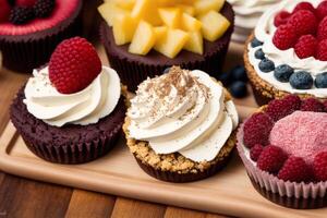 assortiment de Gâteaux avec différent plombages sur une en bois tableau. fait maison gâteau. génératif ai photo