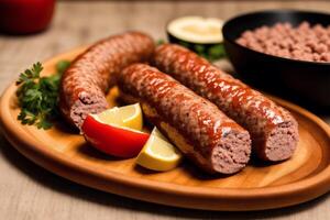 grillé poulet ailes avec sucré et acide sauce sur une blanc plaque.grillé saucisses , délicieux barbecue côtes. génératif ai photo