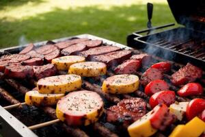 grillé poulet ailes avec sucré et acide sauce sur une blanc plaque.grillé saucisses , délicieux barbecue côtes. génératif ai photo