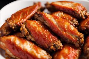 grillé poulet ailes avec sucré et acide sauce sur une blanc plaque.grillé saucisses , délicieux barbecue côtes. génératif ai photo