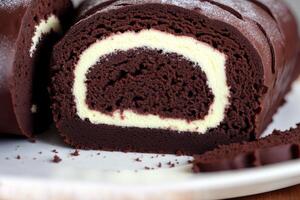 une Suisse rouleau sur une blanc assiette sur une en bois tableau. fait maison Chocolat rouleau. rouge velours gâteau. génératif ai photo