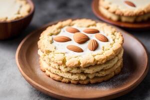 fait maison flocons d'avoine biscuits avec amandes sur une en bois Contexte. génératif ai photo