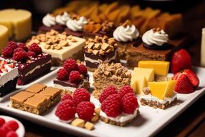 assortiment de Gâteaux avec différent plombages sur une en bois tableau. fait maison gâteau. génératif ai photo