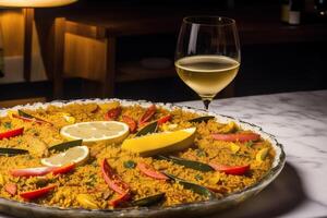 Paëlla, traditionnel Espagnol plat fabriqué avec riz, poulet et légumes, servi dans une poêle. Paëlla avec Fruit de mer. Espagnol cuisine. génératif ai photo