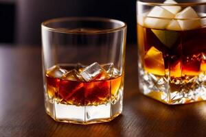 verre de whisky sur le rochers avec la glace cubes sur une en bois tableau, fermer. génératif ai photo