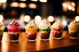 délicieux la glace crème dans une tasse, fermer, sur le tableau. sucré aliments. génératif ai photo