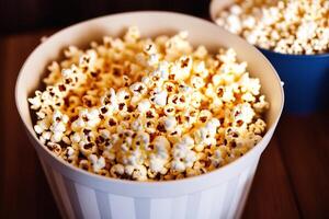 pop corn dans une tasse sur une en bois Contexte. génératif ai photo