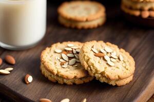 fait maison flocons d'avoine biscuits avec amandes sur une en bois Contexte. génératif ai photo