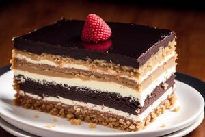 pièce de gâteau avec des fraises et myrtilles sur une en bois Contexte. Chocolat gâteau, tiramisu gâteau. génératif ai photo