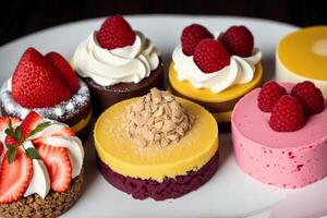 assortiment de Gâteaux avec différent plombages sur une en bois tableau. fait maison gâteau. génératif ai photo