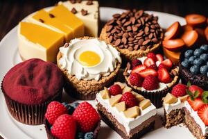 assortiment de Gâteaux avec différent plombages sur une en bois tableau. fait maison gâteau. génératif ai photo