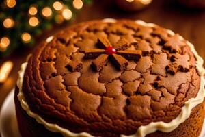 Noël pain d'épice biscuits avec glaçage sucre sur le Contexte de le Noël arbre. pain d'épice homme. génératif ai photo