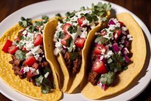 traditionnel mexicain tacos avec bœuf, tomate, oignon et salsa. mexicain Nachos génératif ai photo