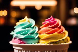 délicieux la glace crème dans une tasse, fermer, sur le tableau. sucré aliments. génératif ai photo