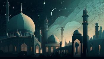 illustration de une mosquée, étoiles, et un eid mubarak salutation, représentant le fête de Foi pendant Ramadan et aïd. génératif ai photo