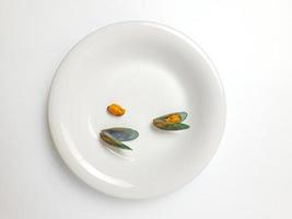 vert moule sur une assiette sur une blanc arrière-plan, Frais Nouveau zélande moule ou perna canalicule sur une blanc Contexte. isolé vert moules. photo