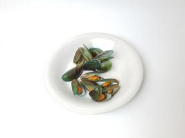 vert moule sur une assiette sur une blanc arrière-plan, Frais Nouveau zélande moule ou perna canalicule sur une blanc Contexte. isolé vert moules. photo