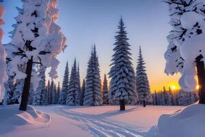 hiver le coucher du soleil dans une hiver pays des merveilles paysage par ai généré photo