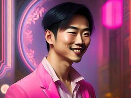 Beau asiatique homme dans rose costume souriant joliment illustration ai généré photo