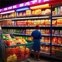 réaliste 3d épicerie boutique les courses avec une Dame dans bleu robe à la recherche pour des produits illustration ai généré photo