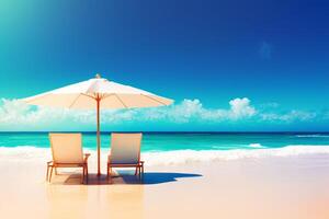 magnifique plage chaise avec parapluie sur le blanc le sable avec ai généré. photo