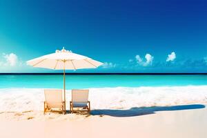 magnifique plage chaise avec parapluie sur le blanc le sable avec ai généré. photo