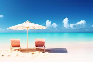 magnifique plage chaise avec parapluie sur le blanc le sable avec ai généré. photo