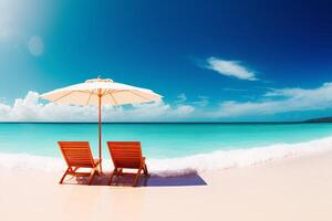 magnifique plage chaise avec parapluie sur le blanc le sable avec ai généré. photo