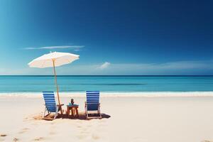 magnifique plage chaise avec parapluie sur le blanc le sable avec ai généré. photo