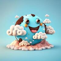 3d marrant dessin animé planète Terre entouré par nuages, génératif ai photo