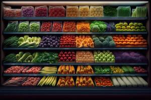 génératif ai illustration de Frais et coloré, fruit et légume section de le supermarché photo