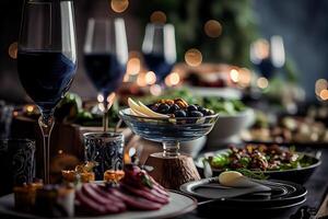 génératif ai illustration de portion table de une variété de délicieux de fête nourriture et du vin préparé pour un événement fête ou mariage. sélectif concentrer photo