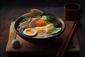 génératif ai illustration de le plus délicieux Japonais ramens, soja sauce ramen dans porc OS bouillon photo