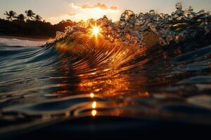 vague l'eau à le coucher du soleil coup illustration Contexte avec génératif ai photo