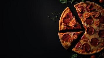 Haut vue délicieux Pizza avec texte espace maquette Contexte avec génératif ai photo