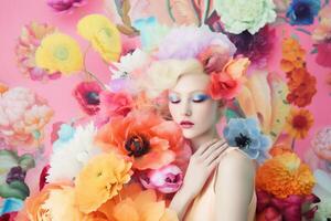 ai généré femme avec fleurs, printemps concept photo