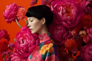 ai généré femme avec fleurs, printemps concept photo