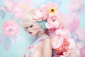 ai généré femme avec fleurs, printemps concept photo